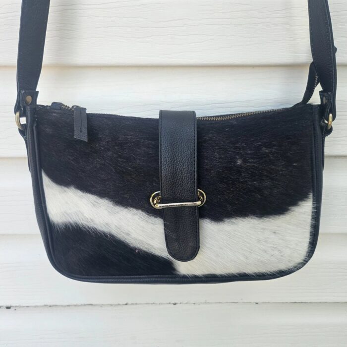 Handmade Cross Body Bag Black/White Real Fur Hair Genuine Leather Shoulder Bag