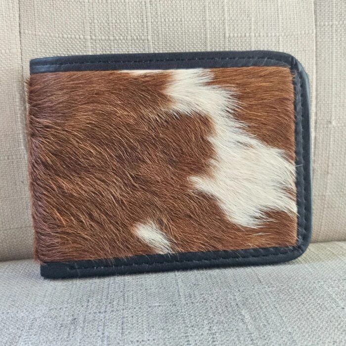Genuine Leather Fur Card Holder Wallet Brown/White Real Fur Hair Billfold Purse